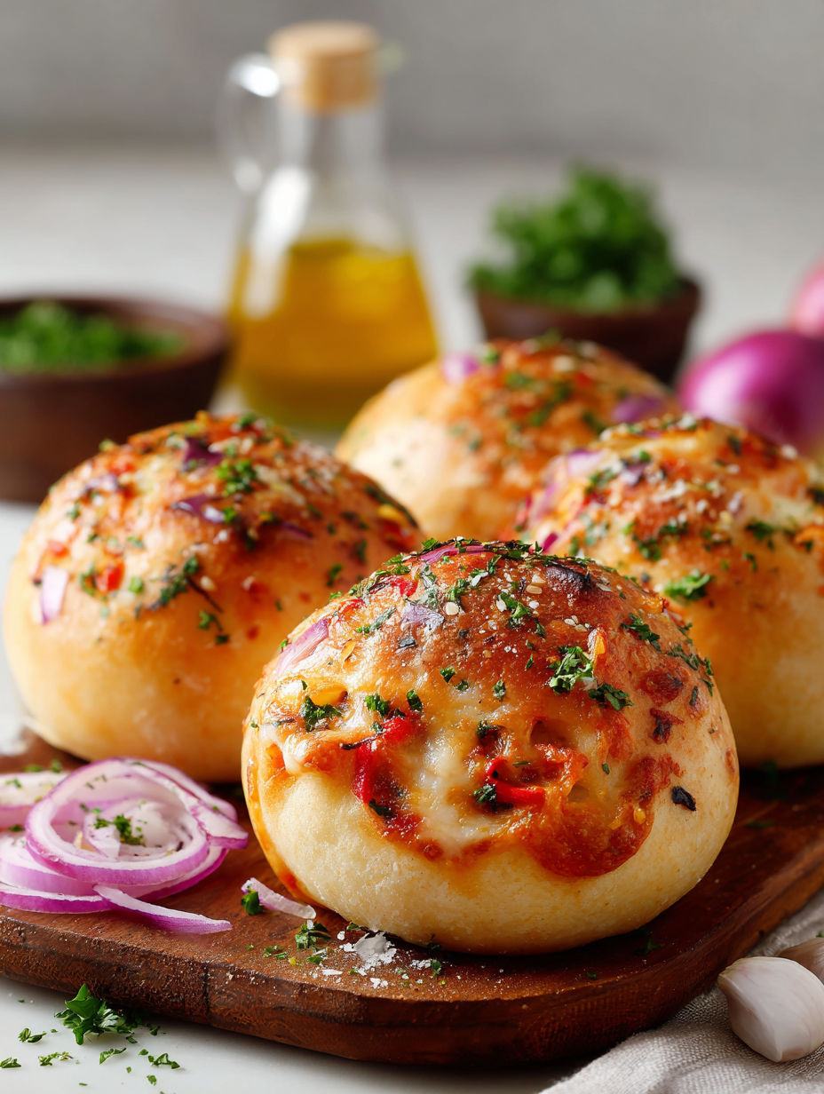 Three pizza rolls with cheese and peppers.