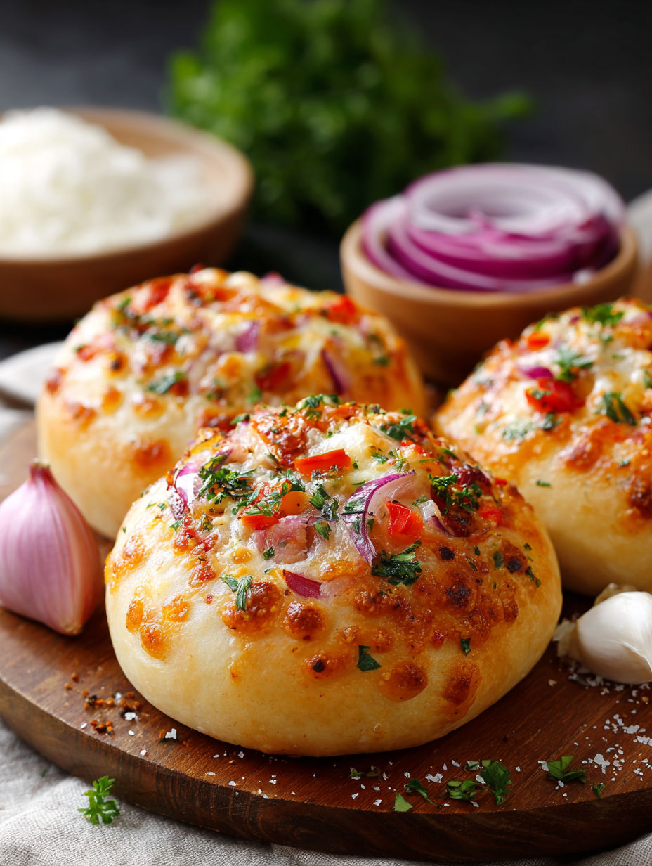 Two cheese filled breads with onions and peppers.