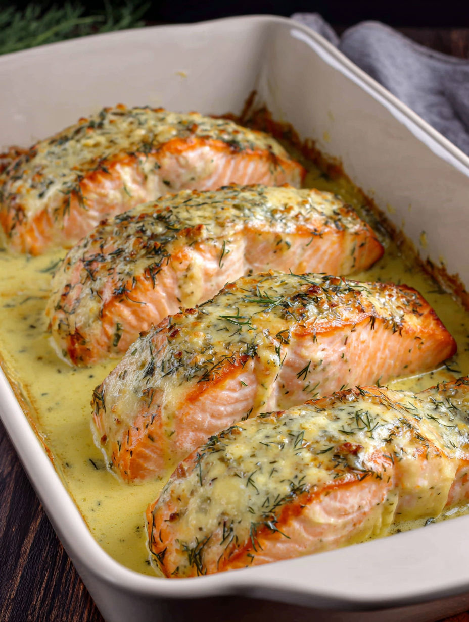A pan of salmon with herbs and cheese.