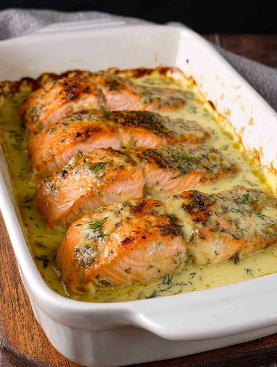 A dish of cooked salmon with herbs.