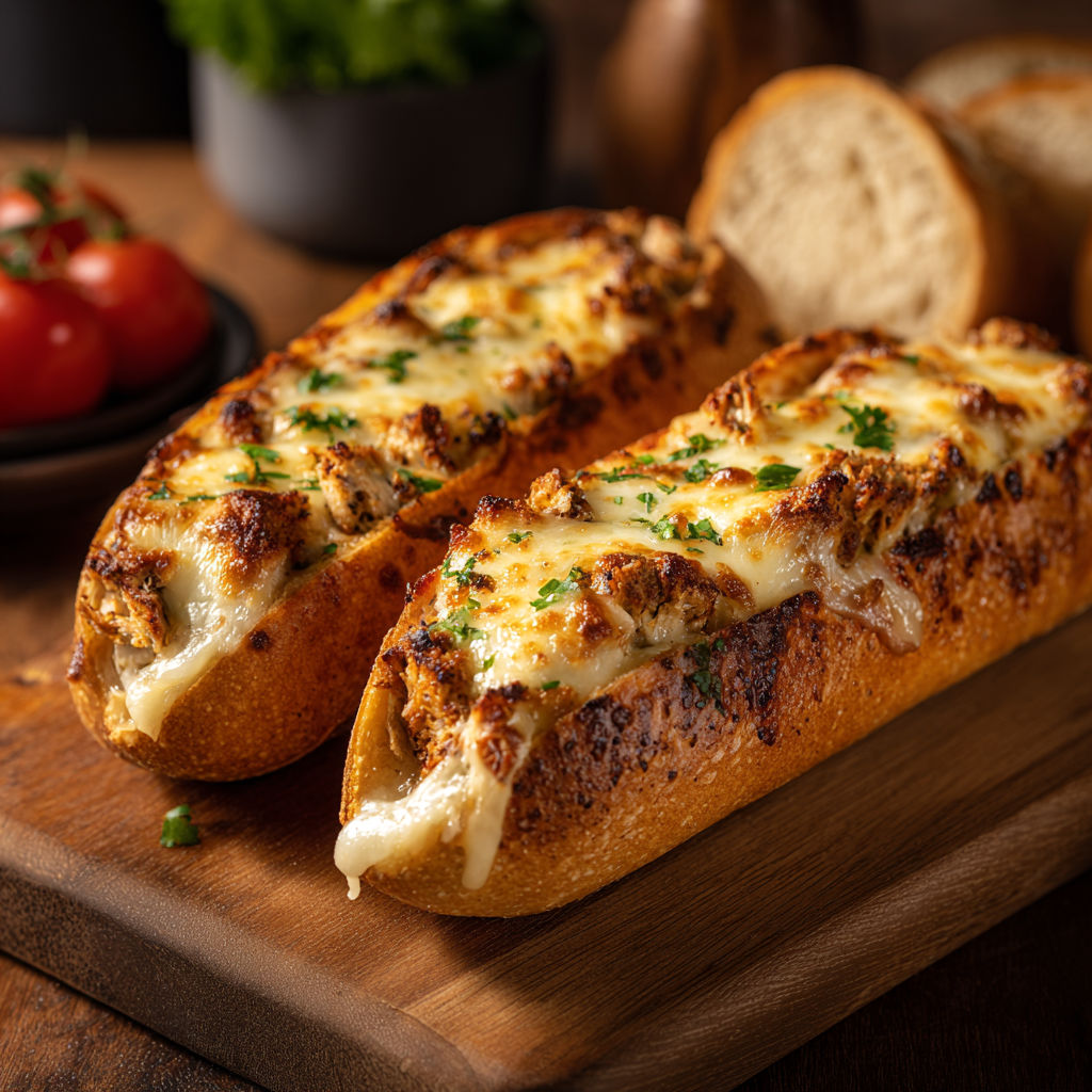 Two sandwiches with cheese and tomatoes on a wooden table.