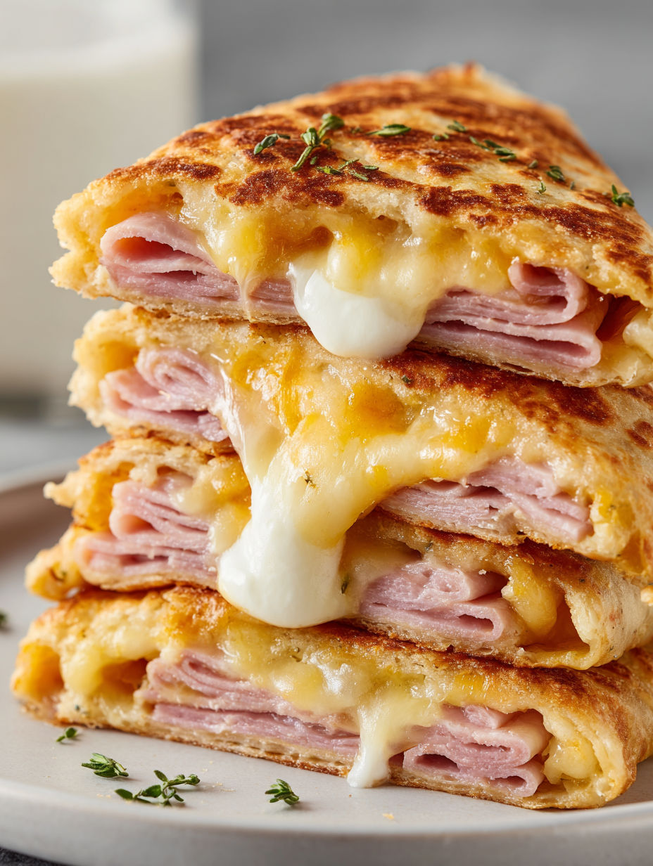 A stack of ham and cheese sandwiches.