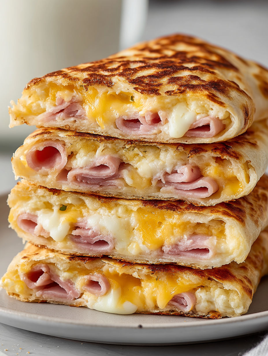 A stack of sandwiches with ham and cheese.