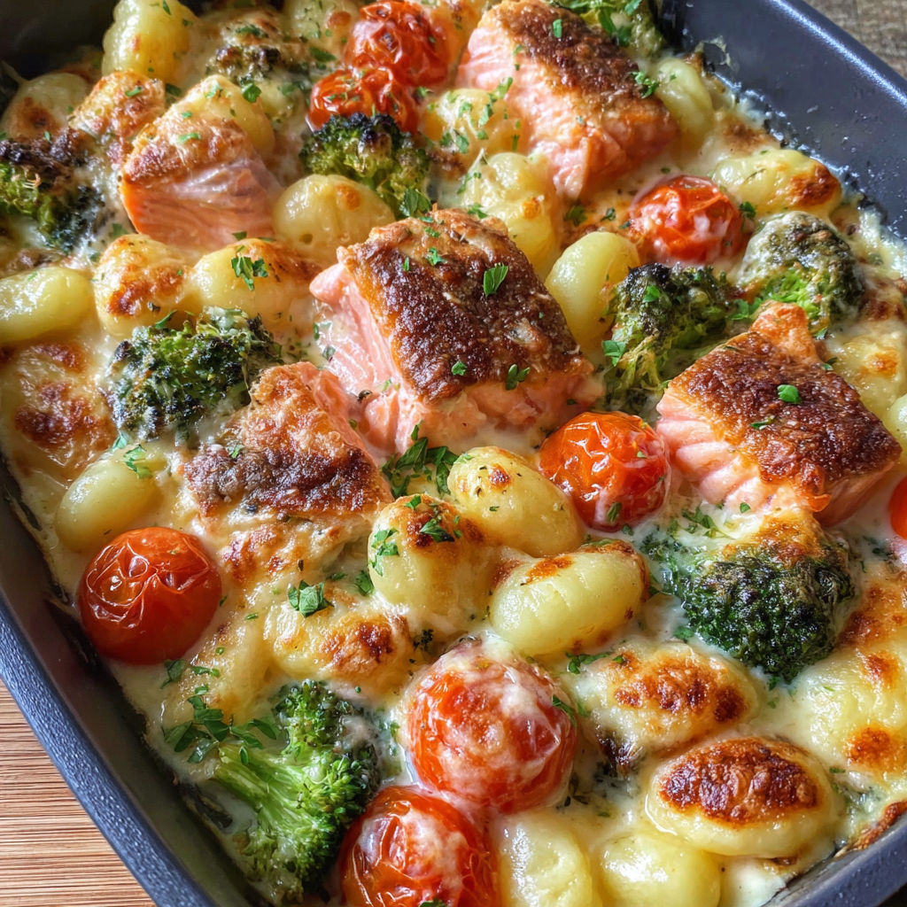 A dish of cremiger gnocchi auflauf mit lachs, brokkoli und tomaten.