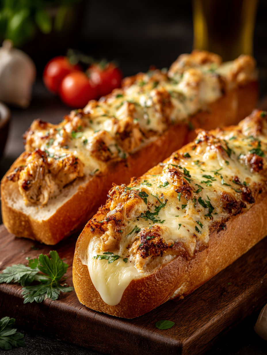 Two sandwiches with chicken and cheese.