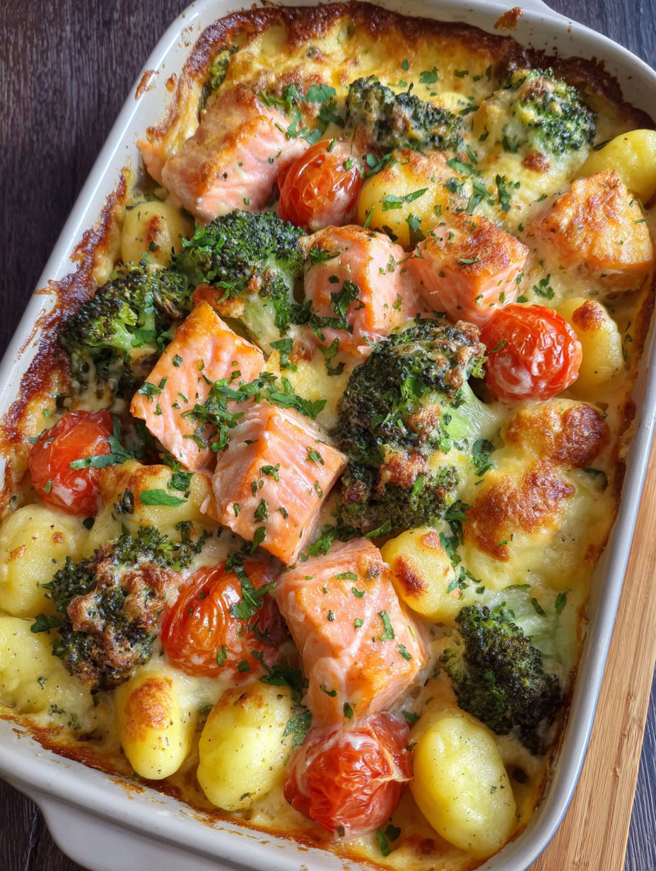 A dish of cremiger gnocchi auflauf mit lachs, brokkoli und tomaten.