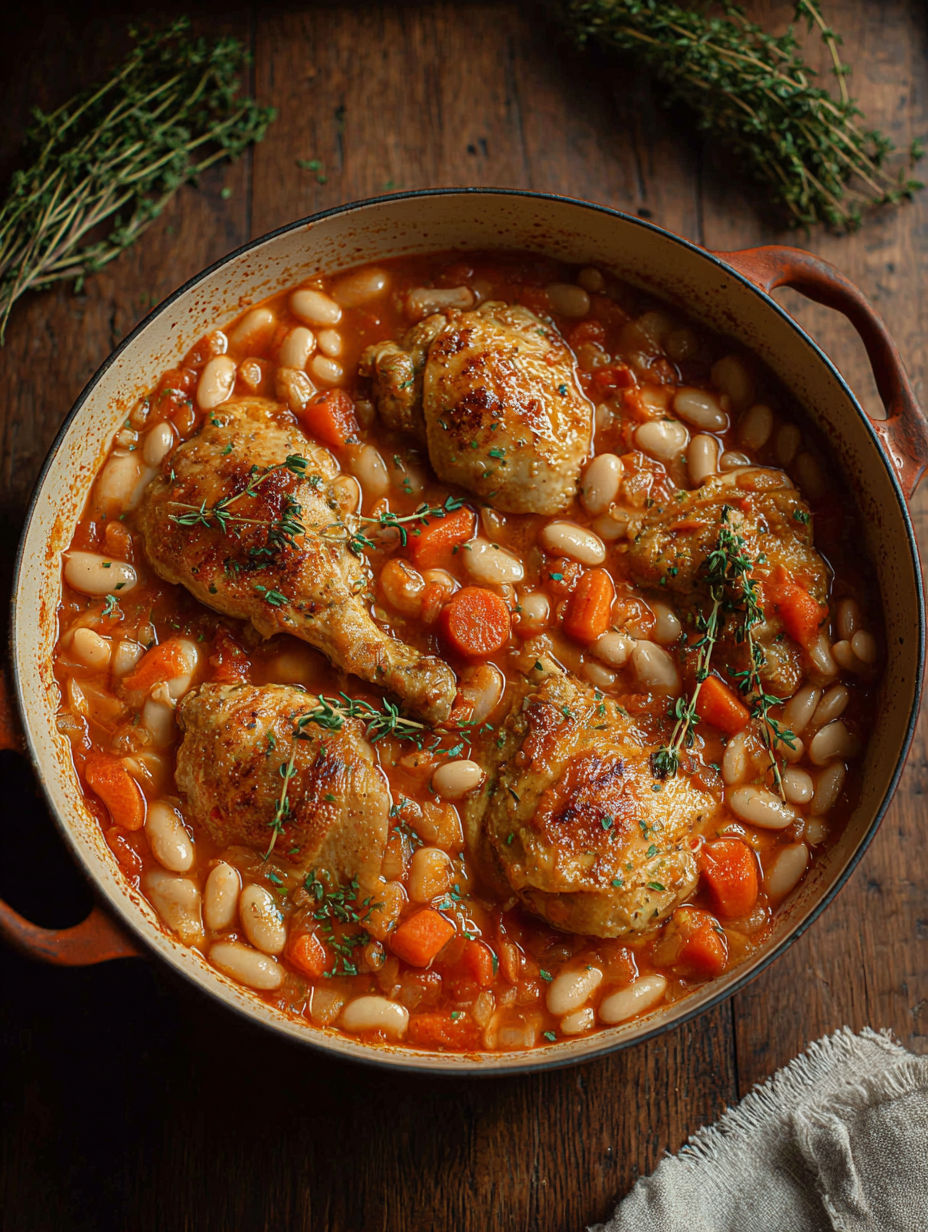 A pot of chicken and beans.