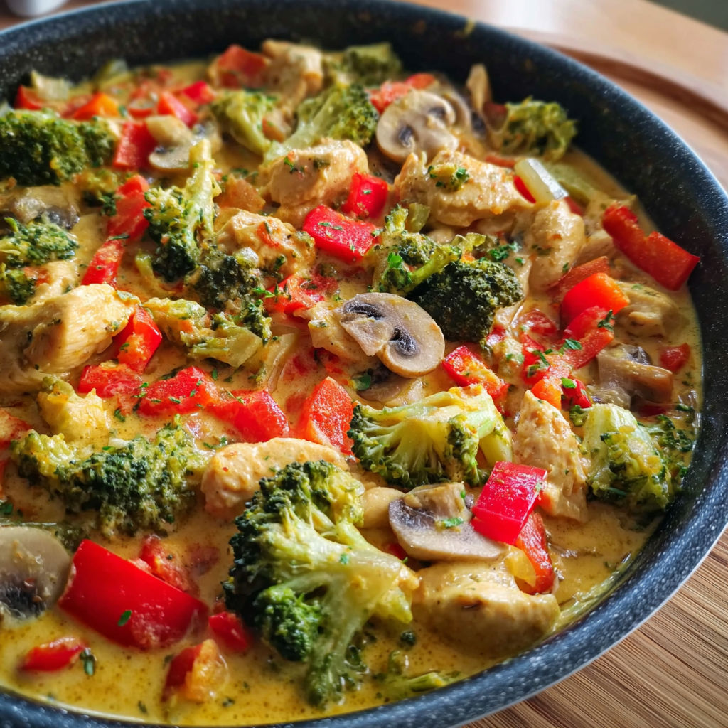 A bowl of food with broccoli, mushrooms, and red peppers.