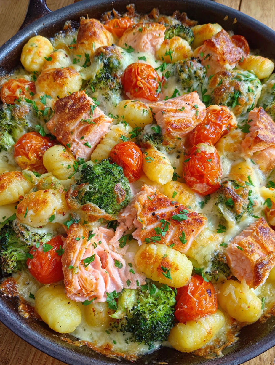 A creamy gnocchi dish with salmon, broccoli and tomatoes.