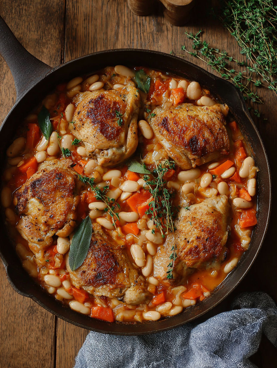 A pan of chicken and beans.