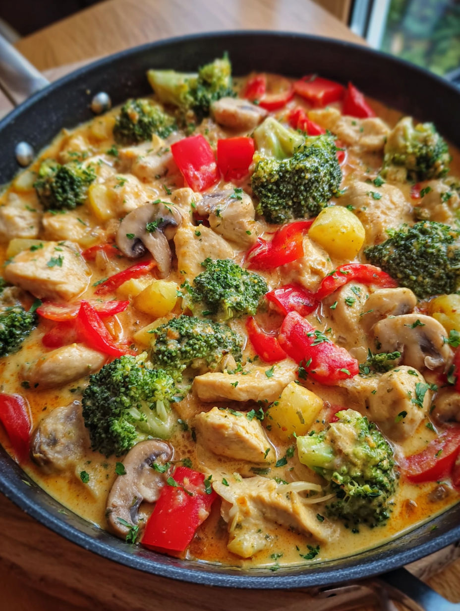 A pan of food with broccoli, mushrooms, and red peppers.
