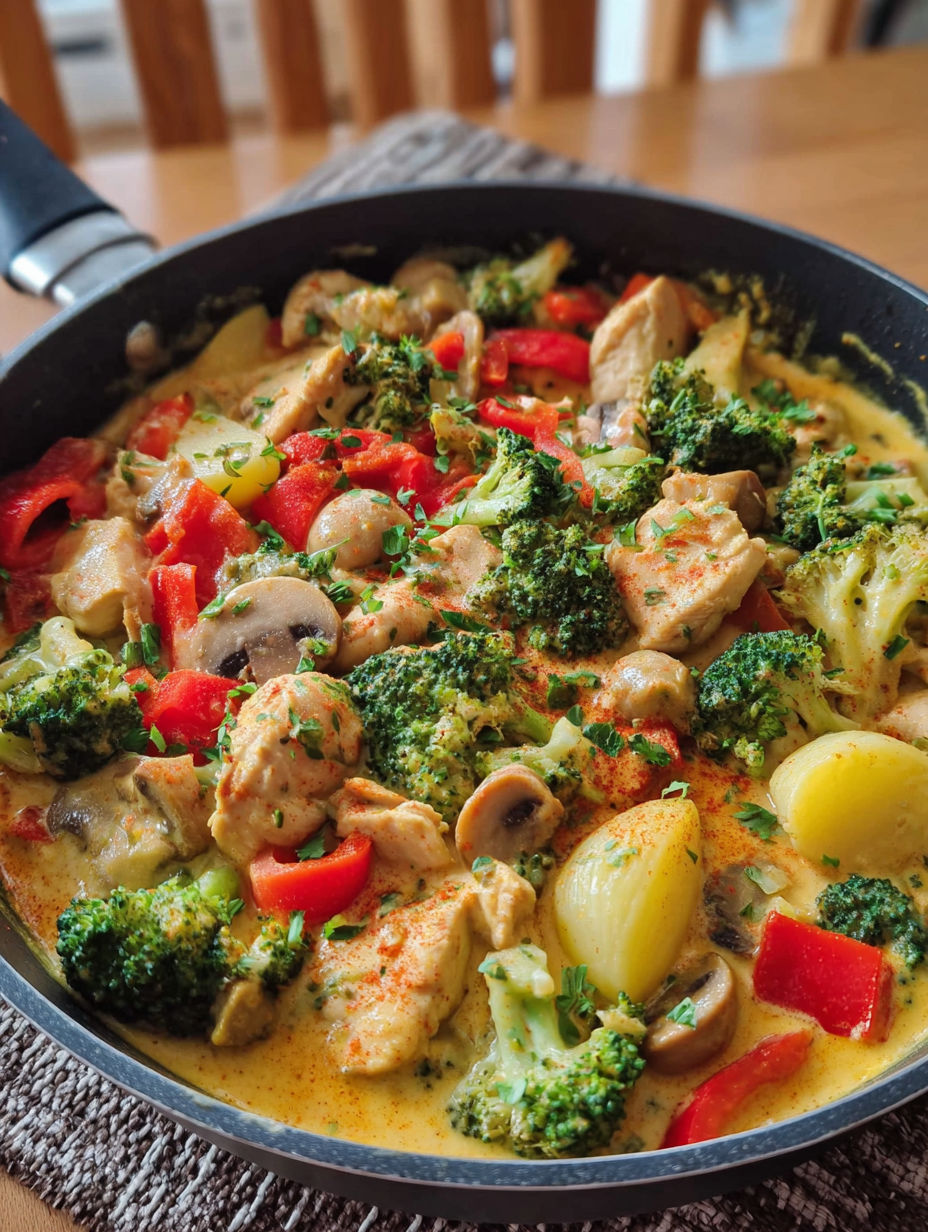 A creamy low-carb chicken and vegetable pan.
