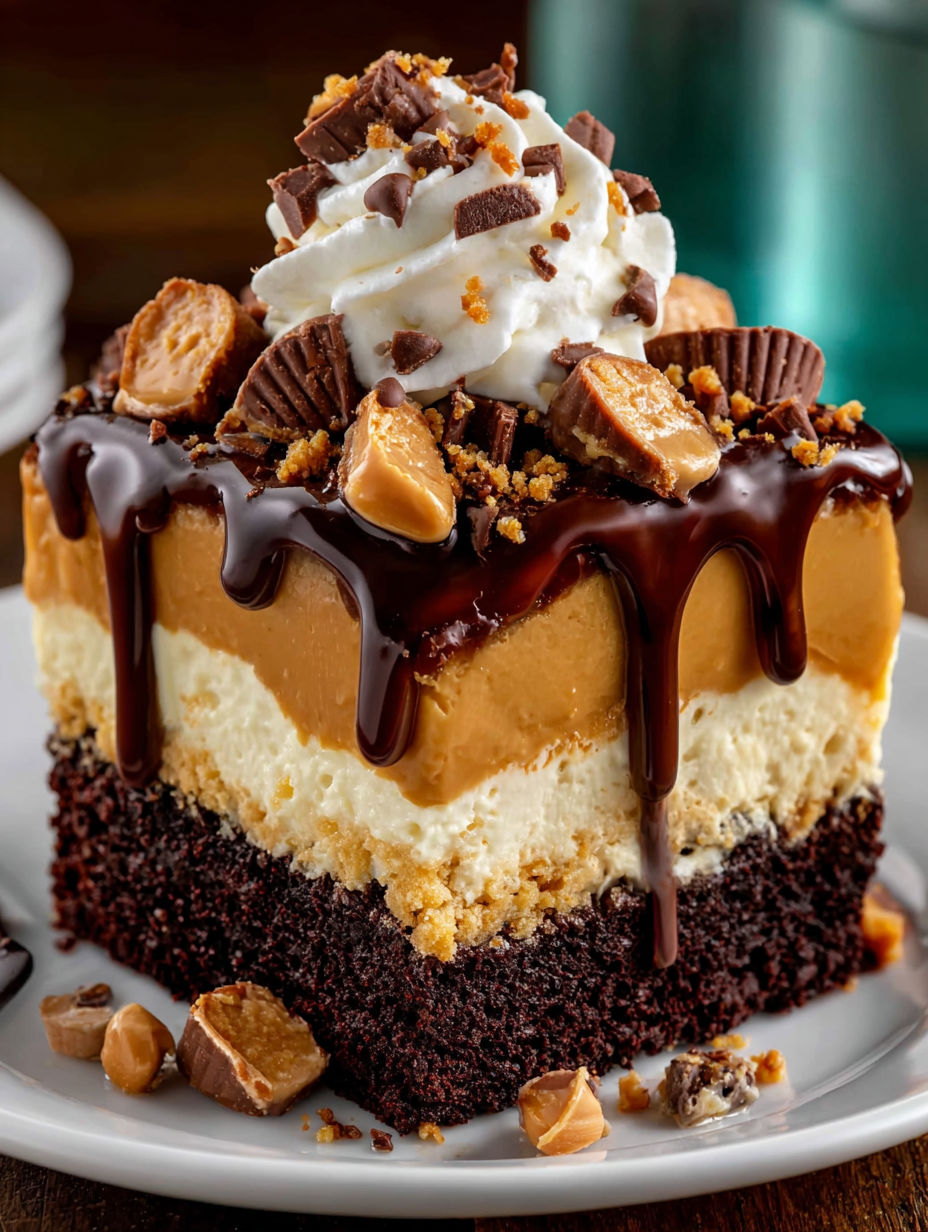 A slice of chocolate peanut butter poke cake.