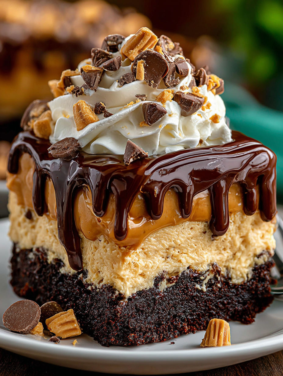 A slice of chocolate peanut butter poke cake.