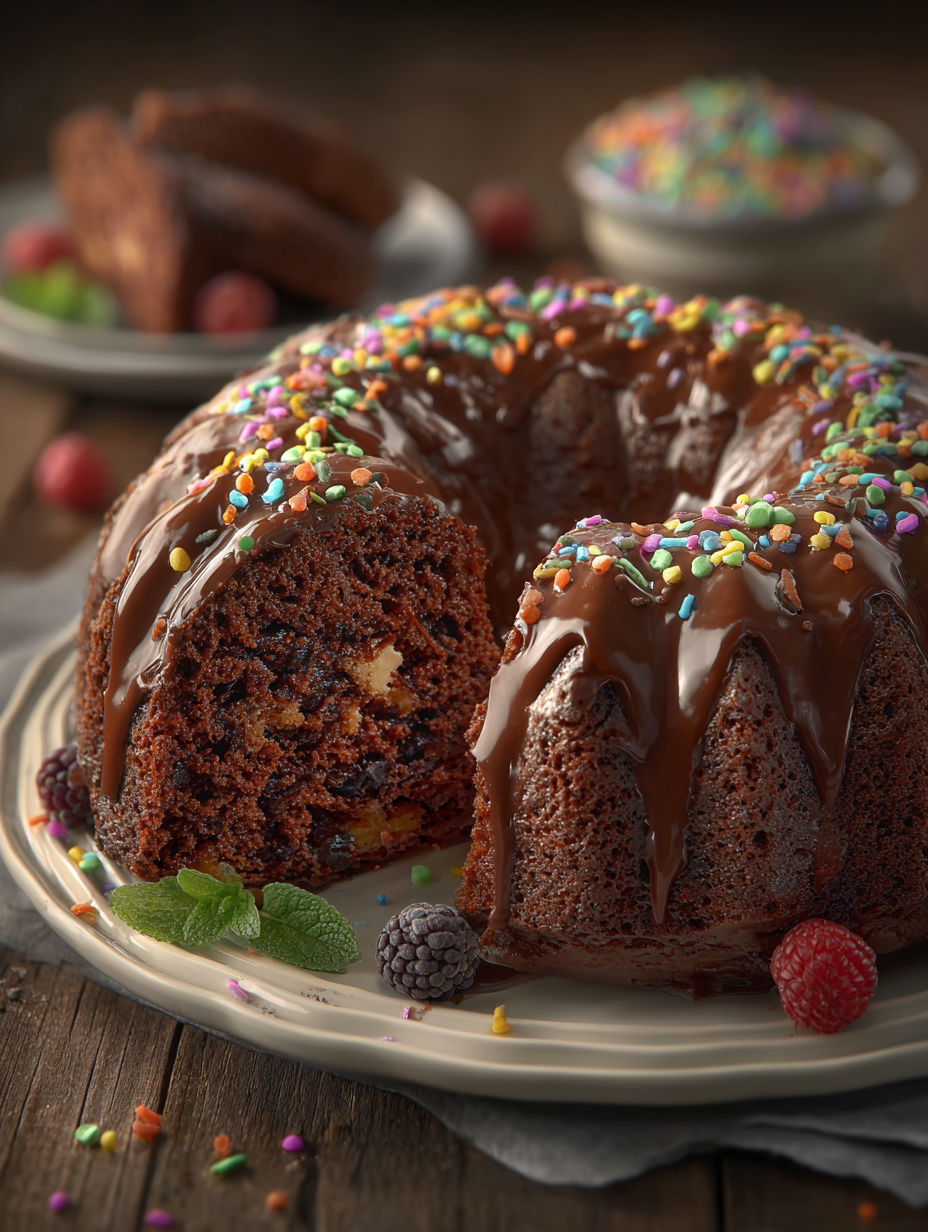 A chocolate cake with sprinkles on a plate.