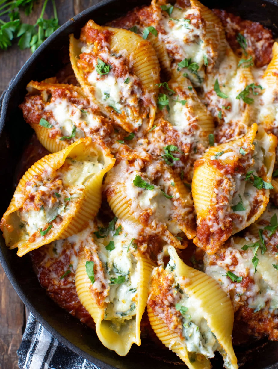 A pan of stuffed shells with cheese and tomato sauce.