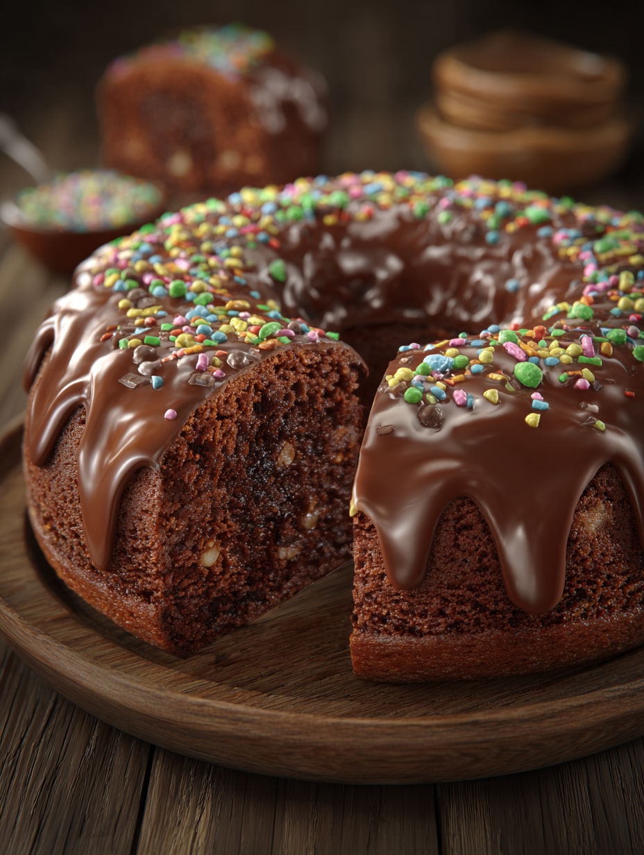 A chocolate cake with sprinkles on a wooden board.