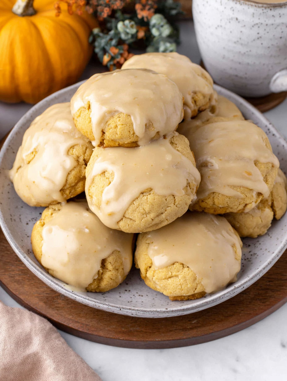 A plate of pumpkin cookies with a maple glaze.