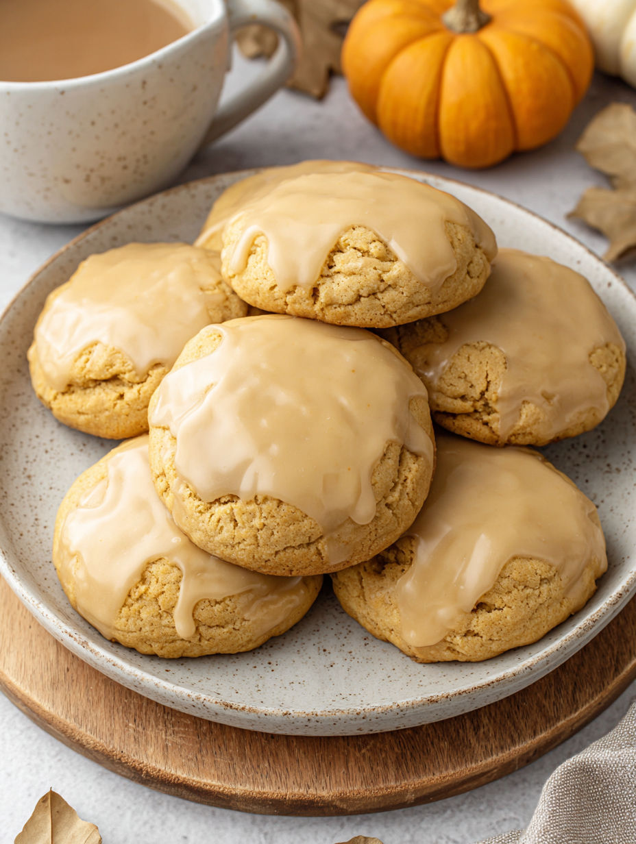 A plate of pumpkin cookies with a maple glaze.