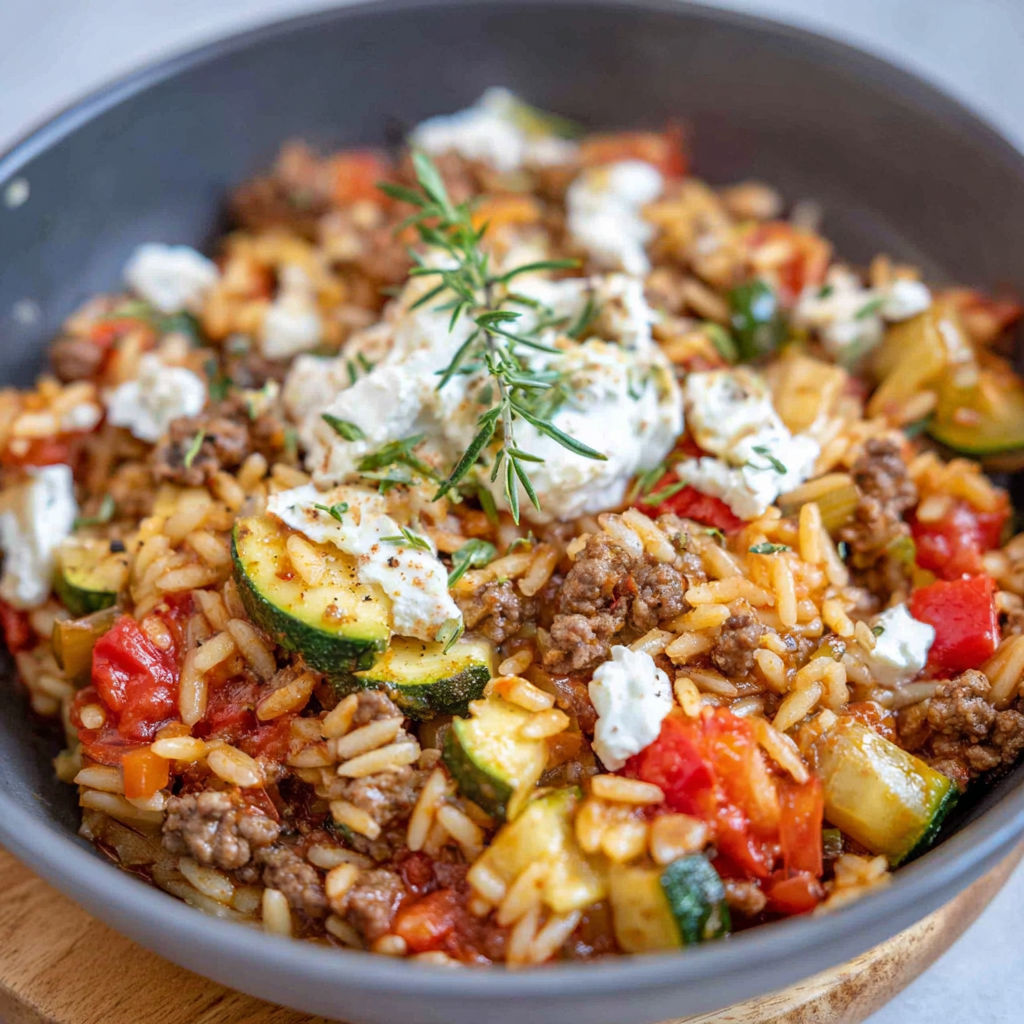 A bowl of rice with vegetables and meat.