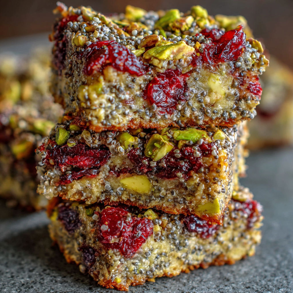 A stack of pistachio cranberry chia bars.