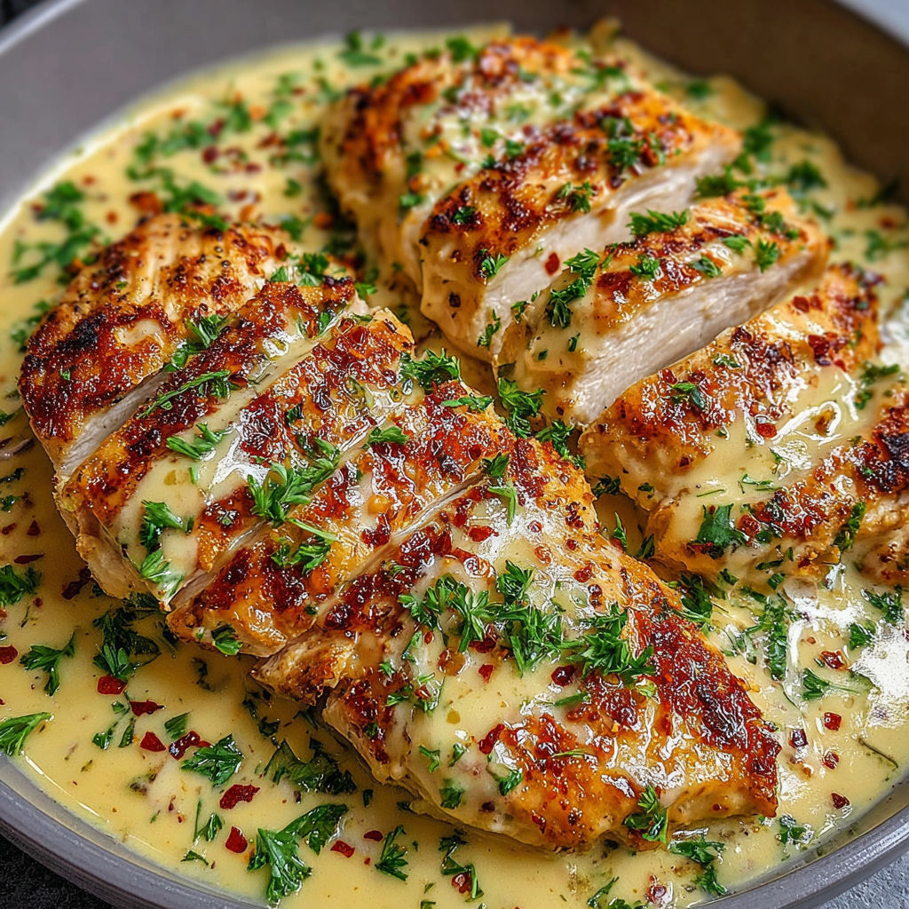 A bowl of chicken with a spicy creamy garlic parmesan sauce.