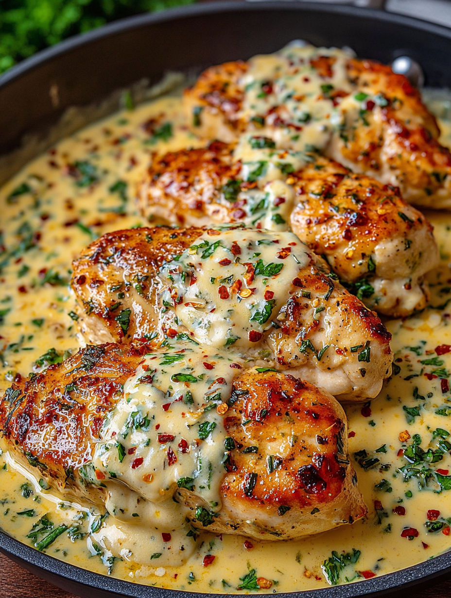 A close up of chicken with sauce on it.