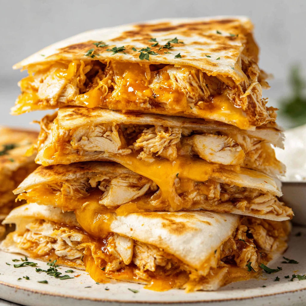 Chicken quesadillas stacked on a plate.