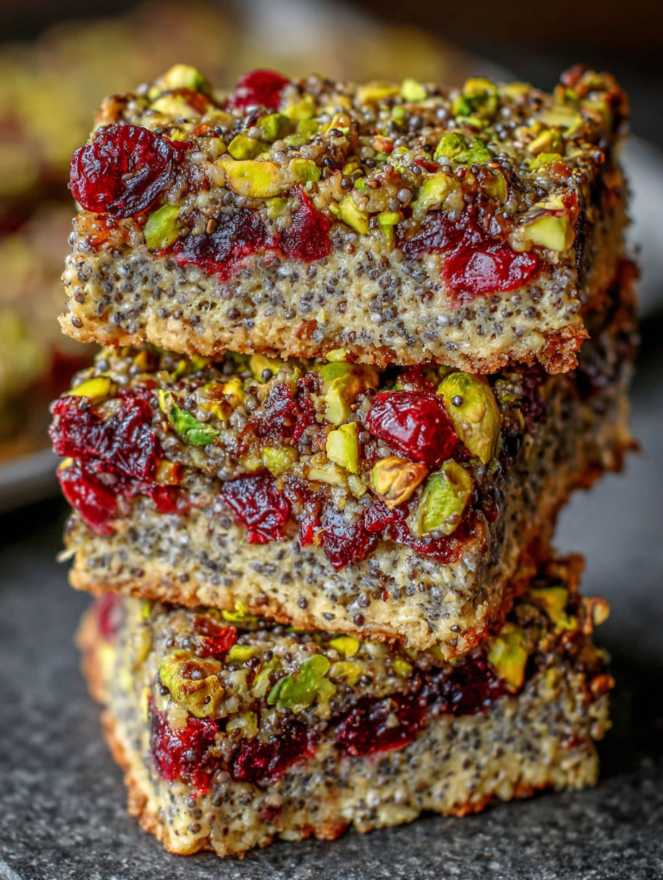 A stack of pistachio cranberry chia bars.