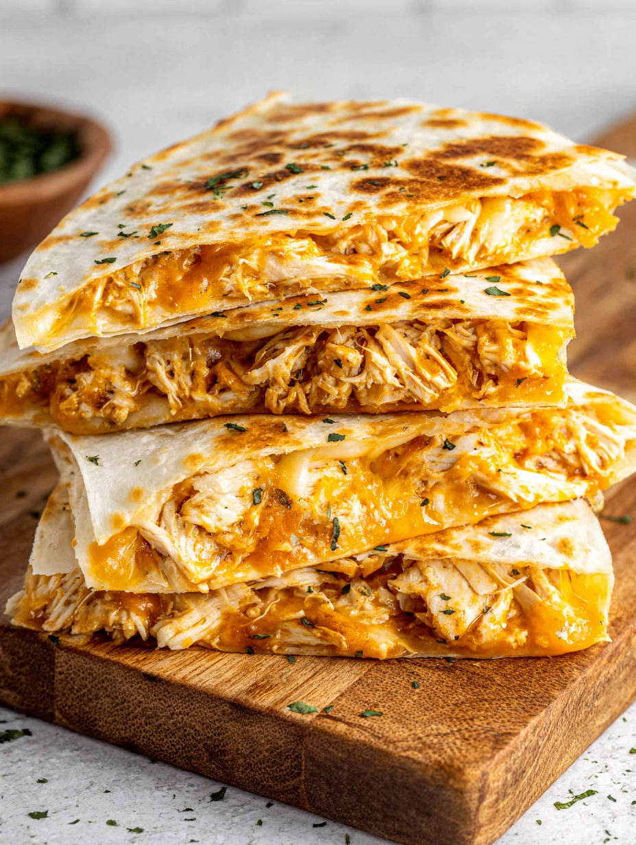 A stack of chicken enchiladas on a wooden cutting board.