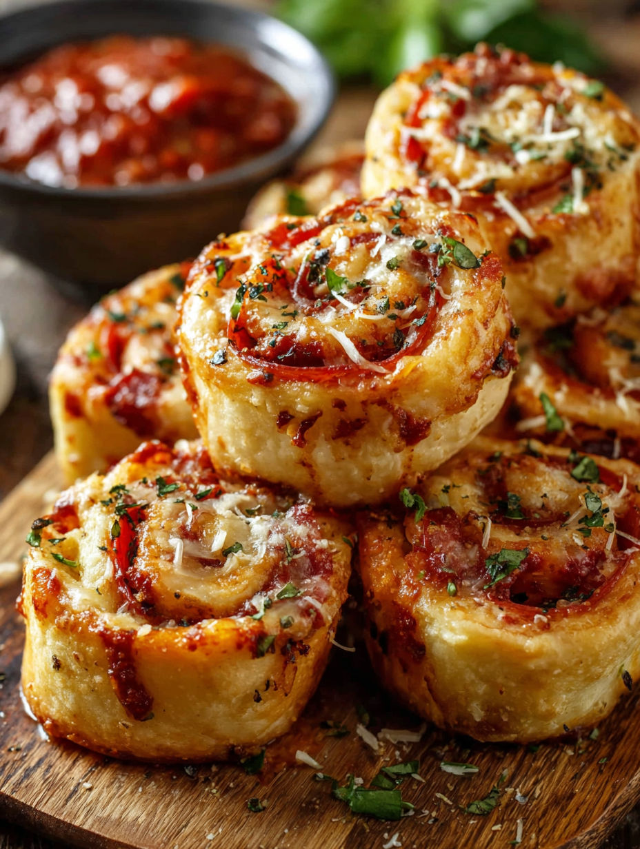 A plate of pepperoni pizza pinwheels.