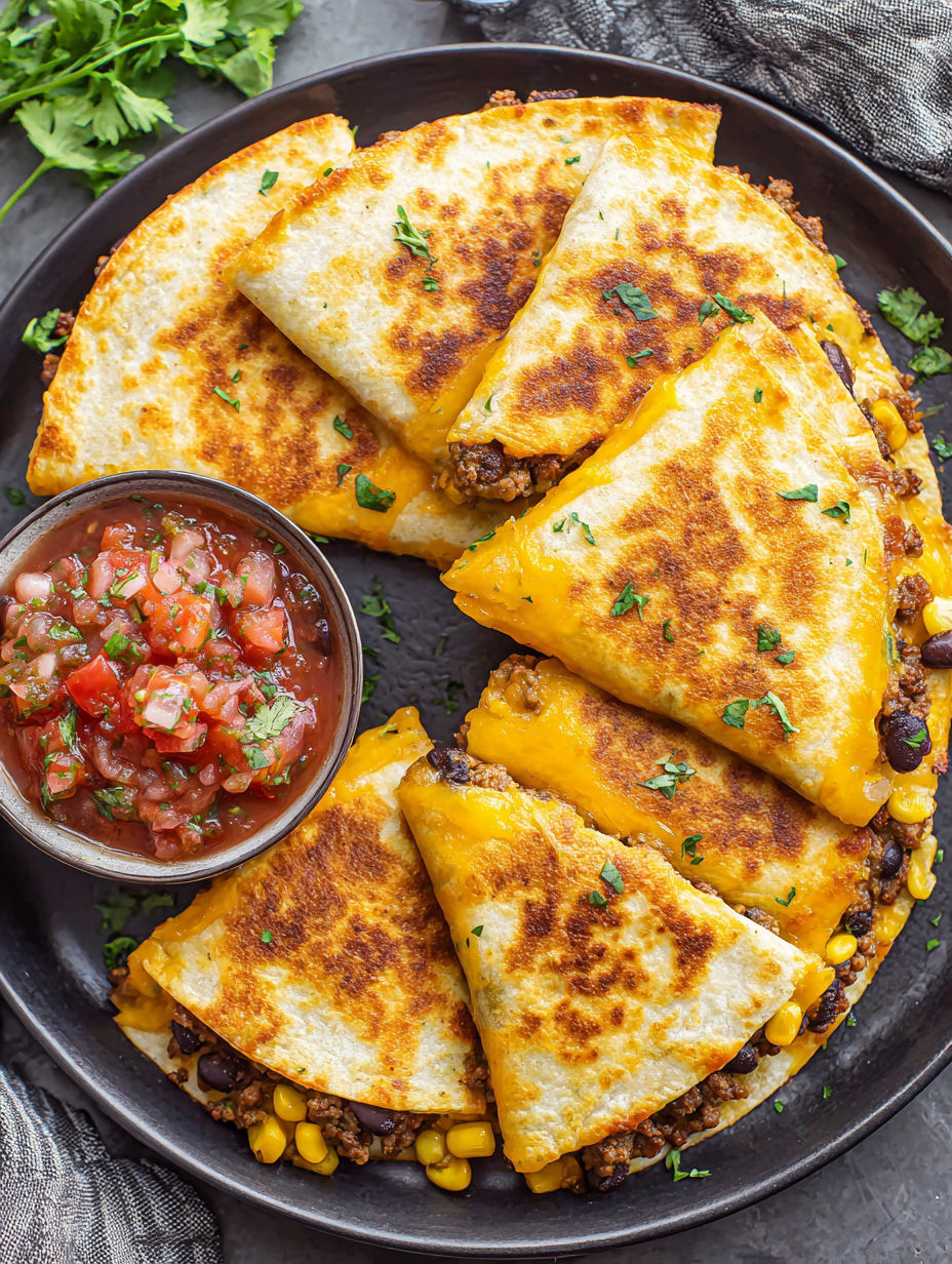 A plate of food with a bowl of salsa.