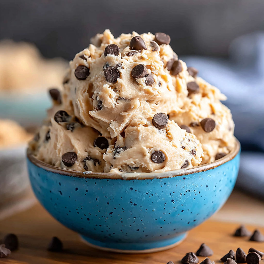 A bowl of chocolate chip cookie dough.