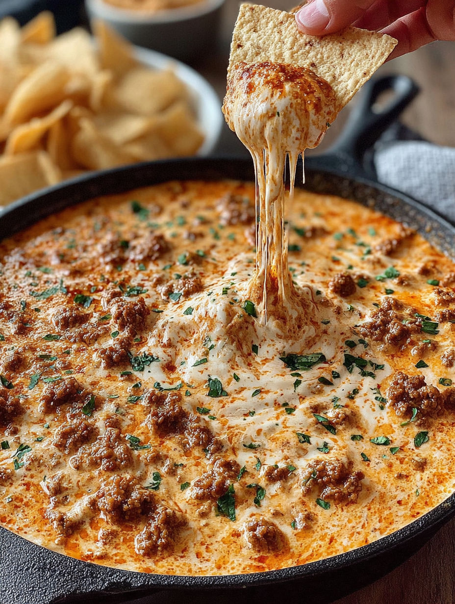A spoon is in a bowl of cheese dip.