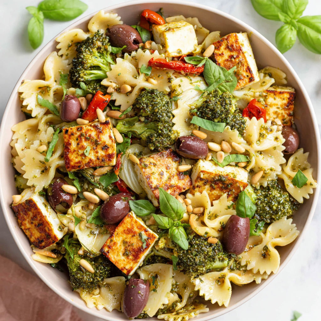 A bowl of pasta salad with broccoli, olives, and other vegetables.