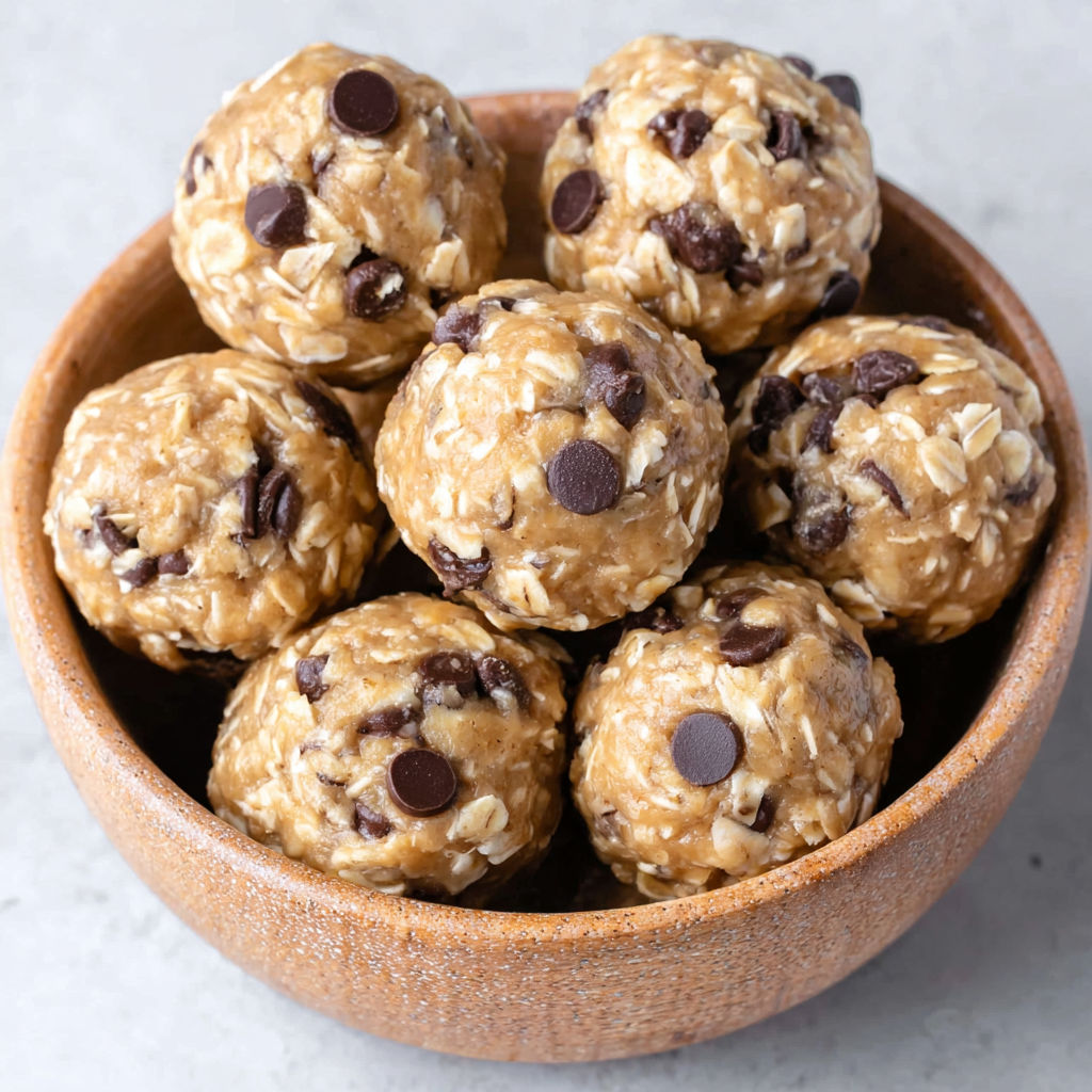 A bowl of oatmeal balls with chocolate chips.