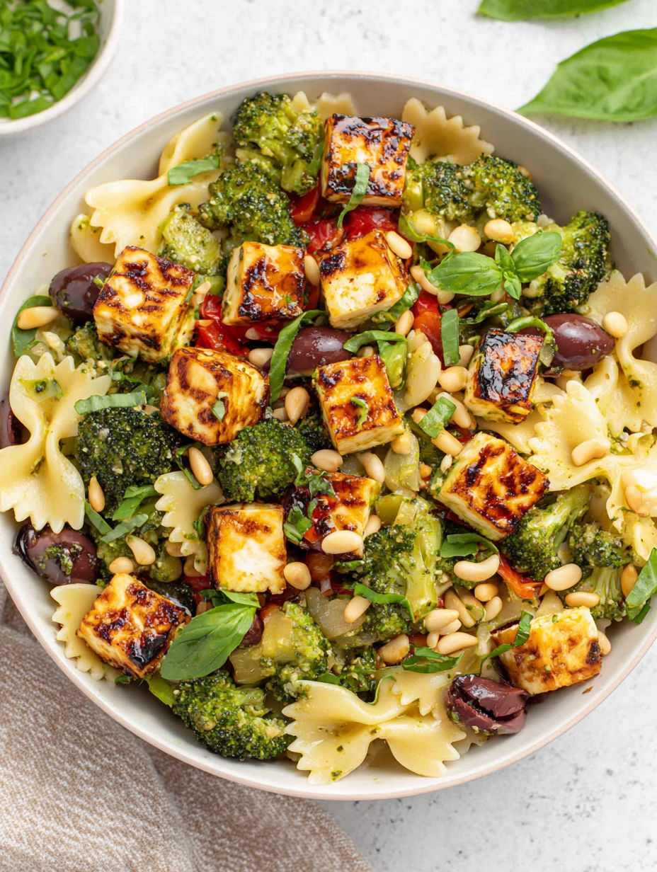 A bowl of pasta with broccoli, olives, and tofu.