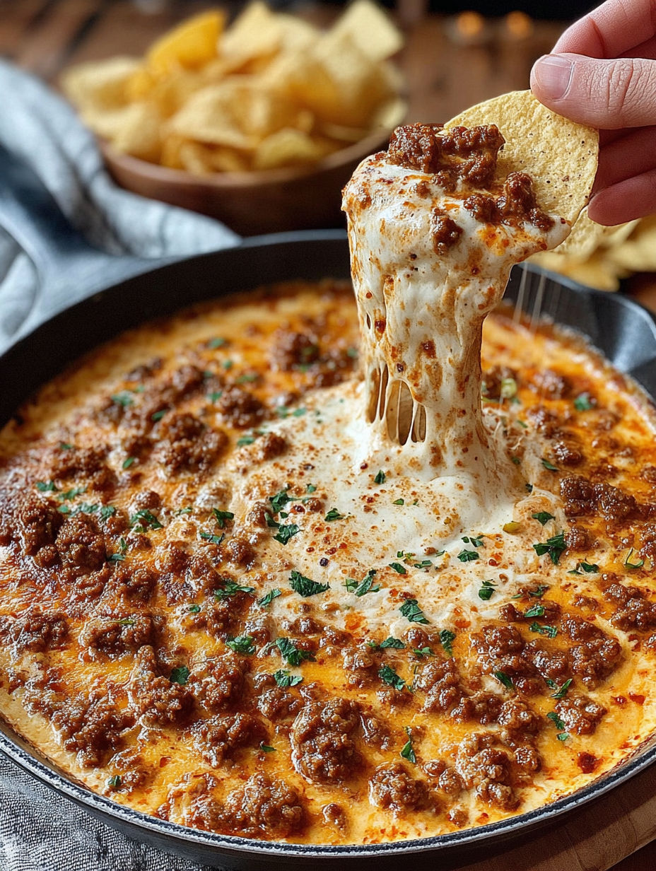 A person is dipping a chip into a bowl of cheese dip.