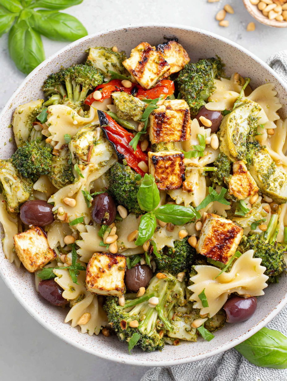 A bowl of pasta with broccoli and olives.