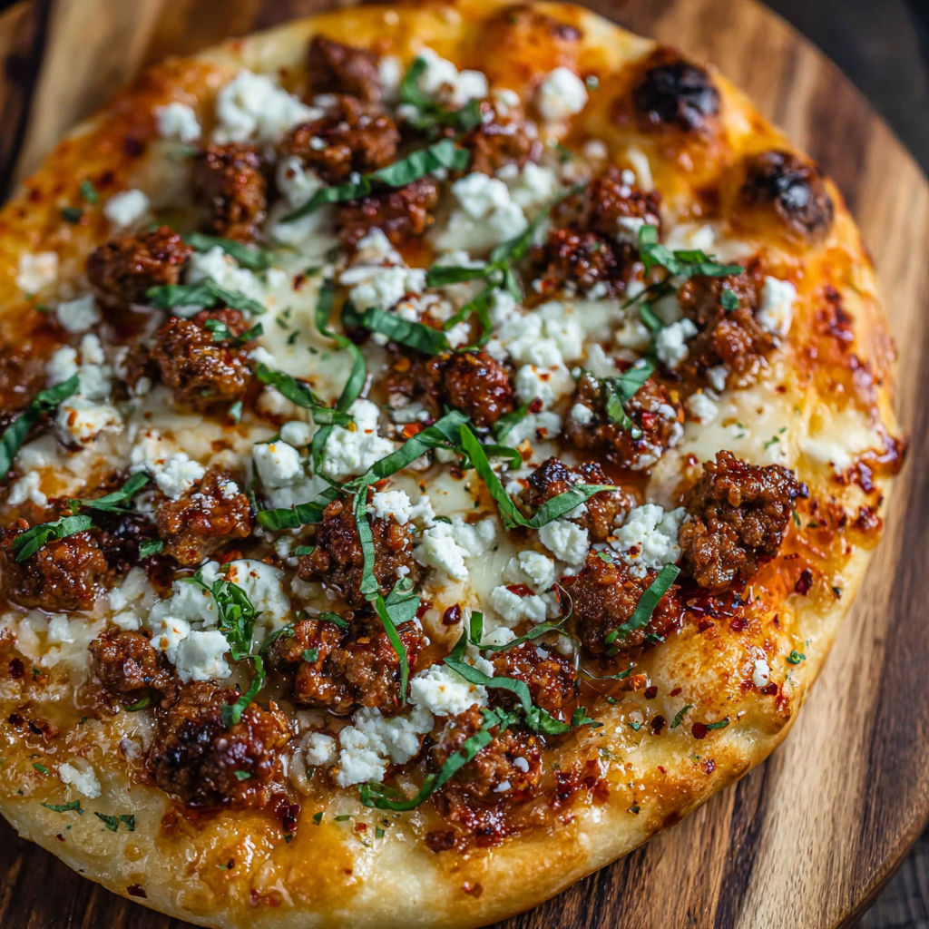 A pizza with sausage and feta cheese on top.