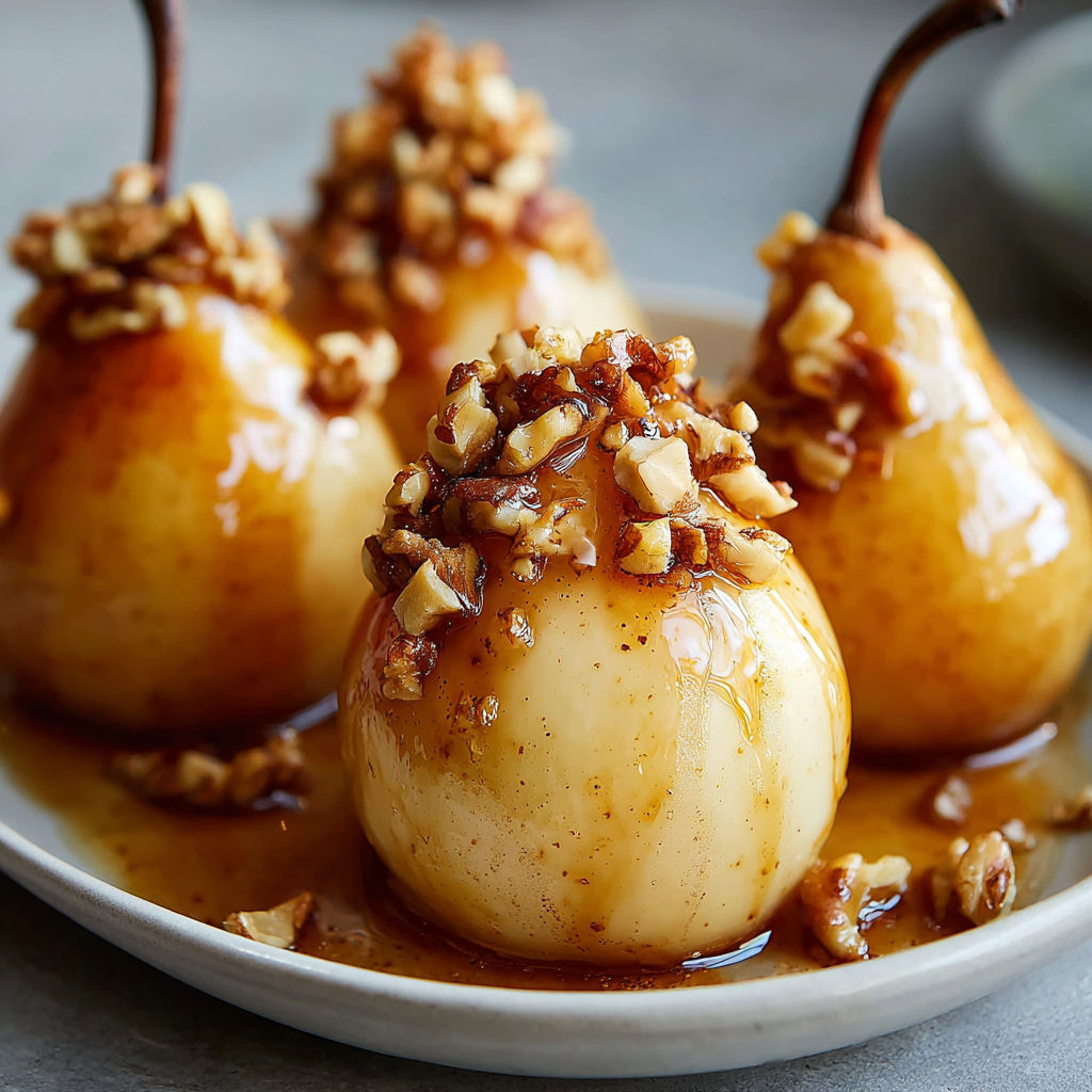 Three pears with walnuts and honey.