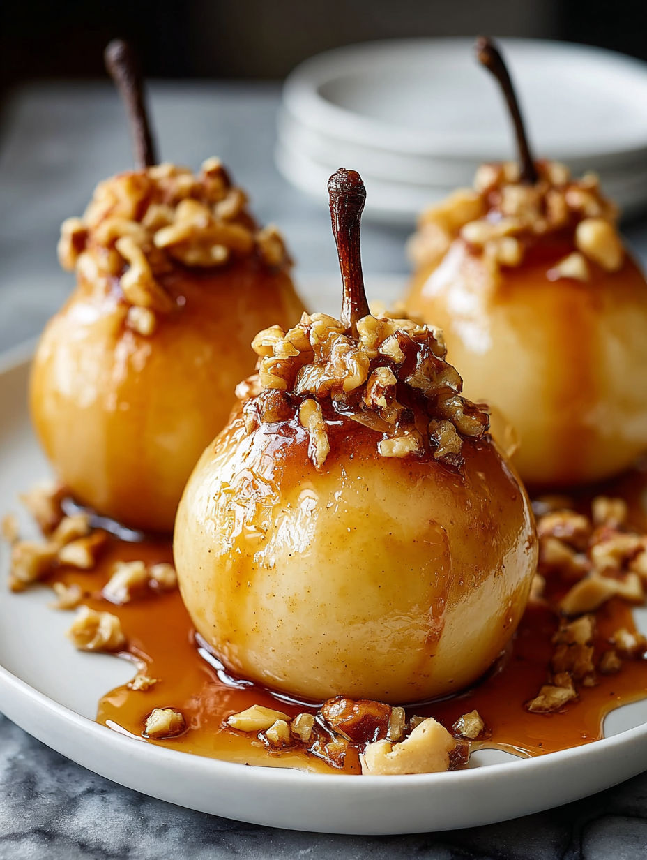 Three apples with walnuts on a plate.