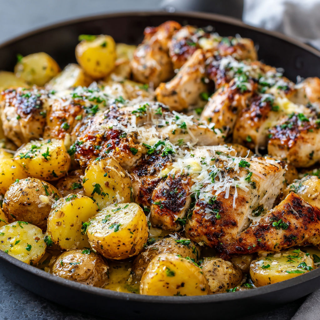 A plate of garlic Parmesan chicken and potatoes.