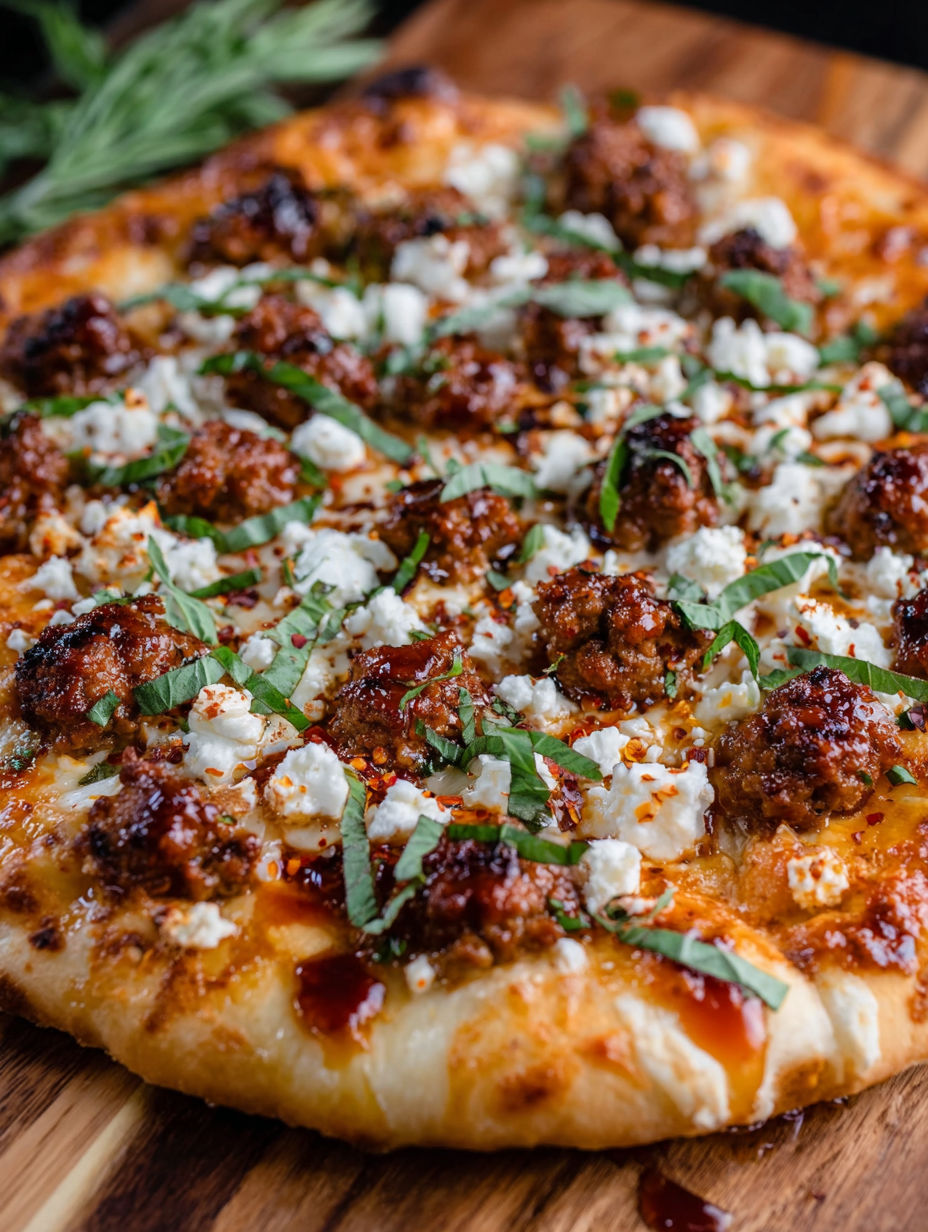 A pizza with sausage and feta cheese on top.