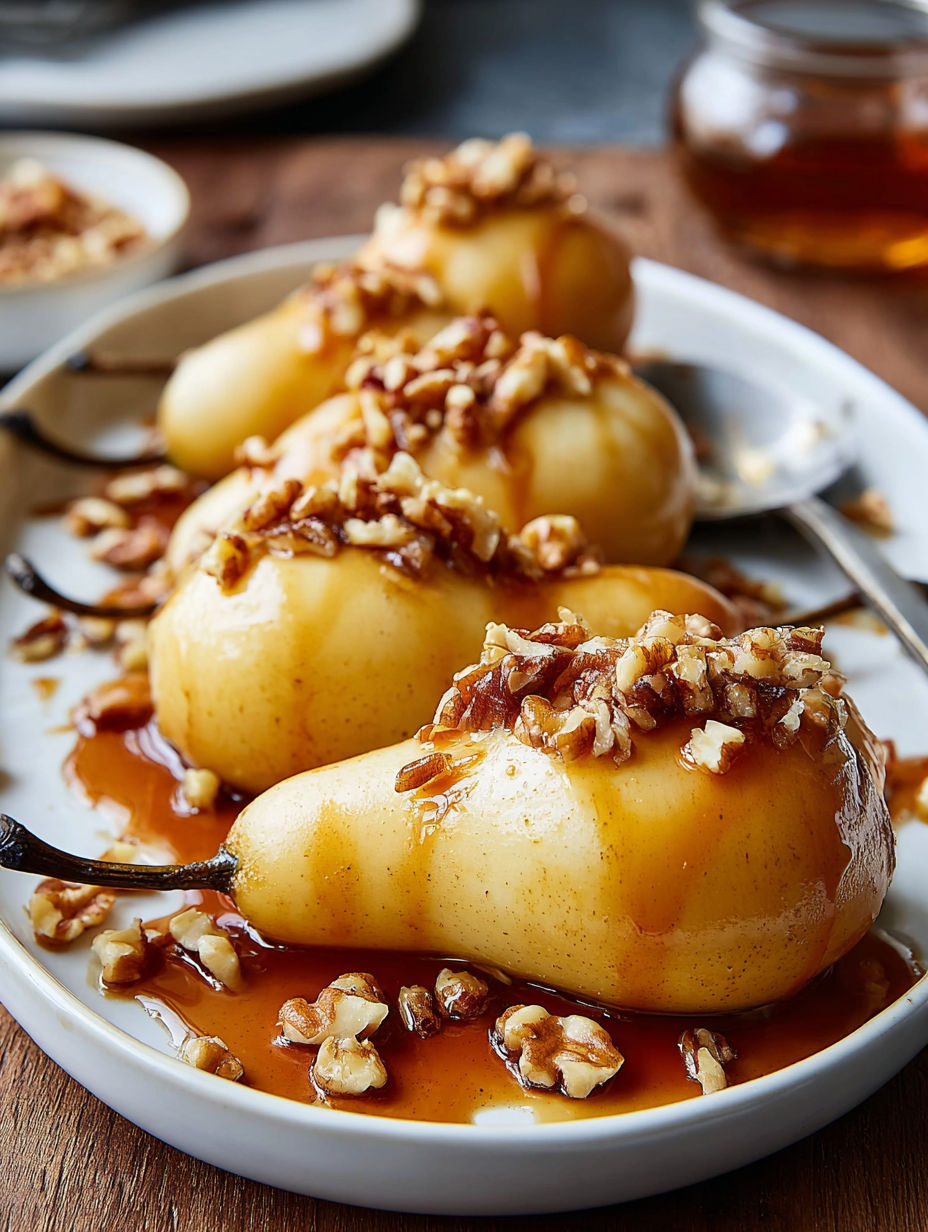 Three pears with walnuts and honey on a plate.
