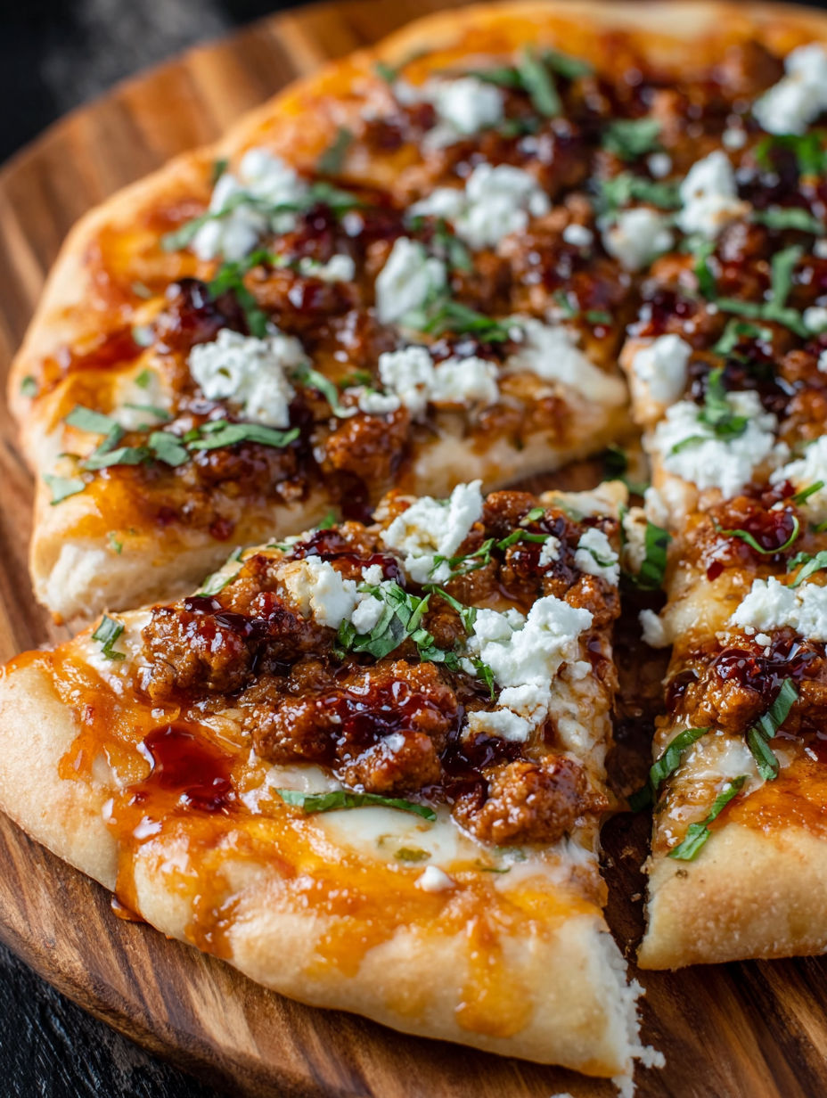 A pizza with feta cheese and sausage on top.