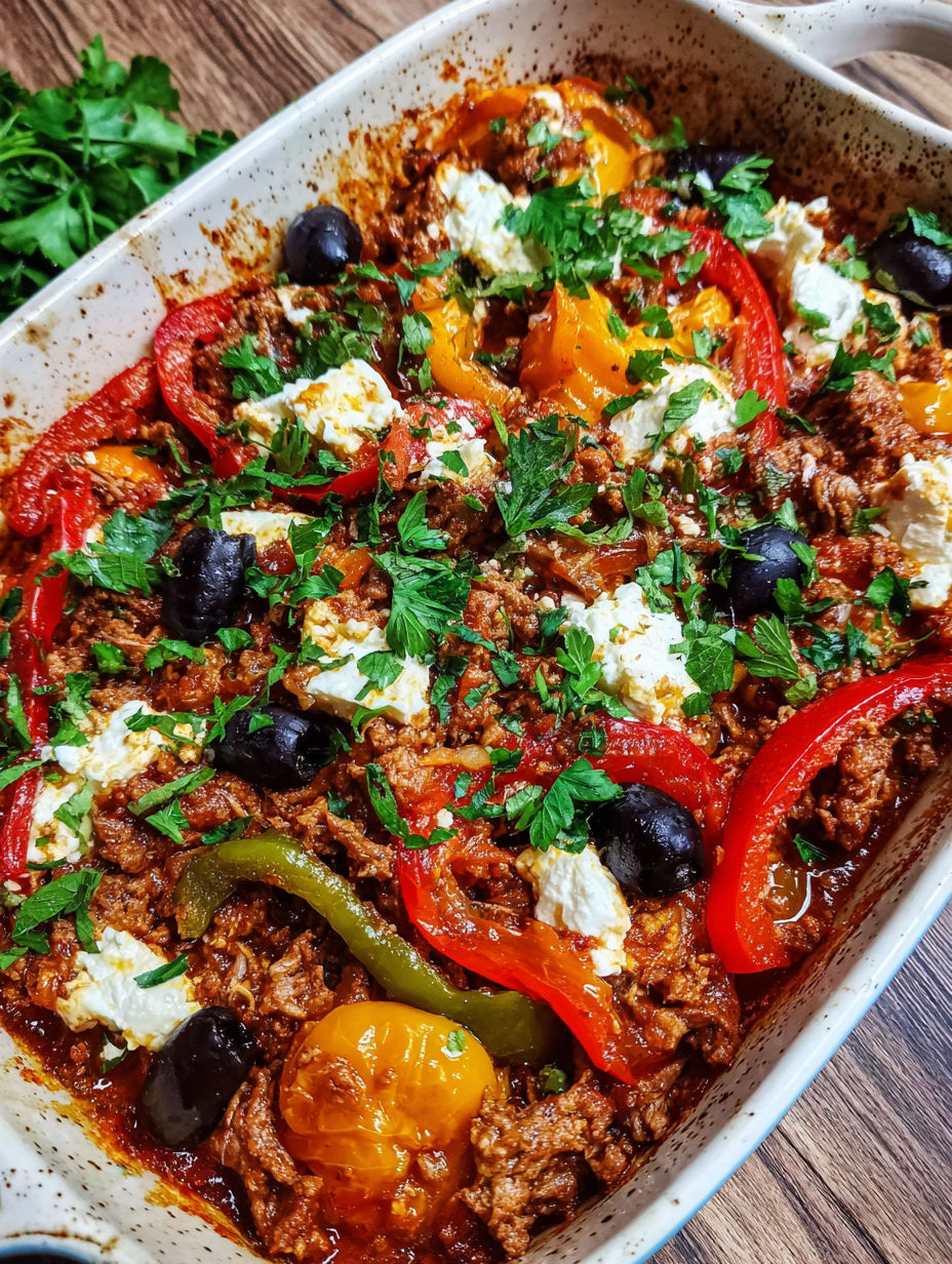 A dish of meat and vegetables with olives and feta cheese.