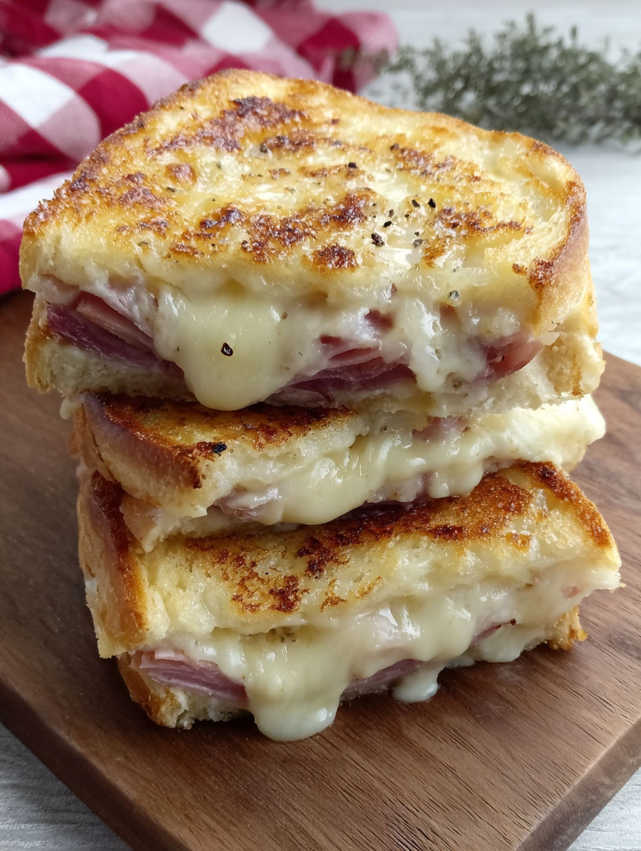 A stack of cheesy ham toasters.