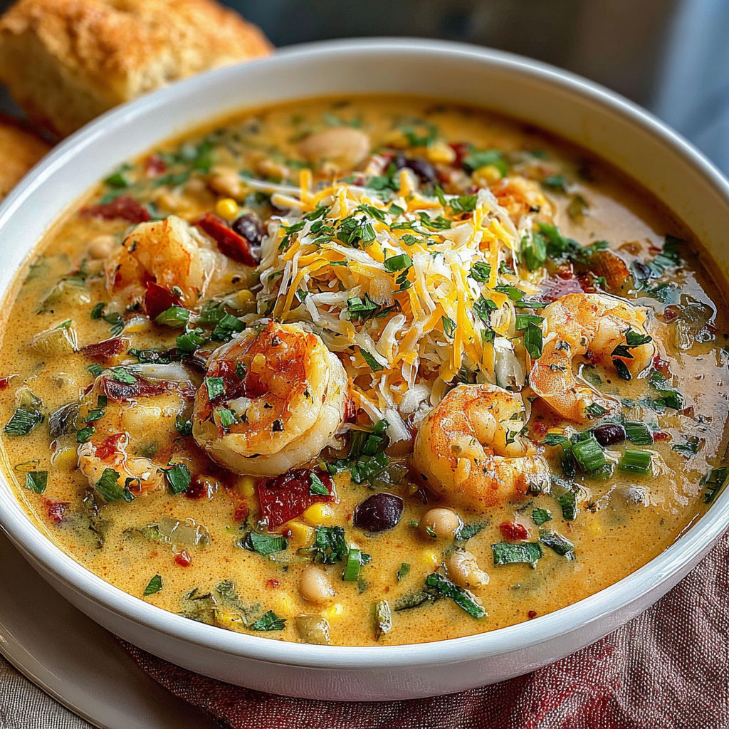 A bowl of seafood chili with shrimp and cheese.