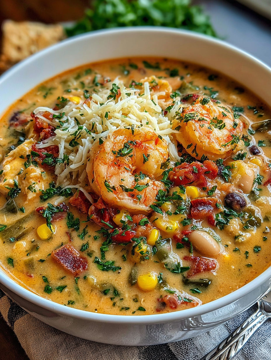 A bowl of soup with shrimp, corn, and cheese.